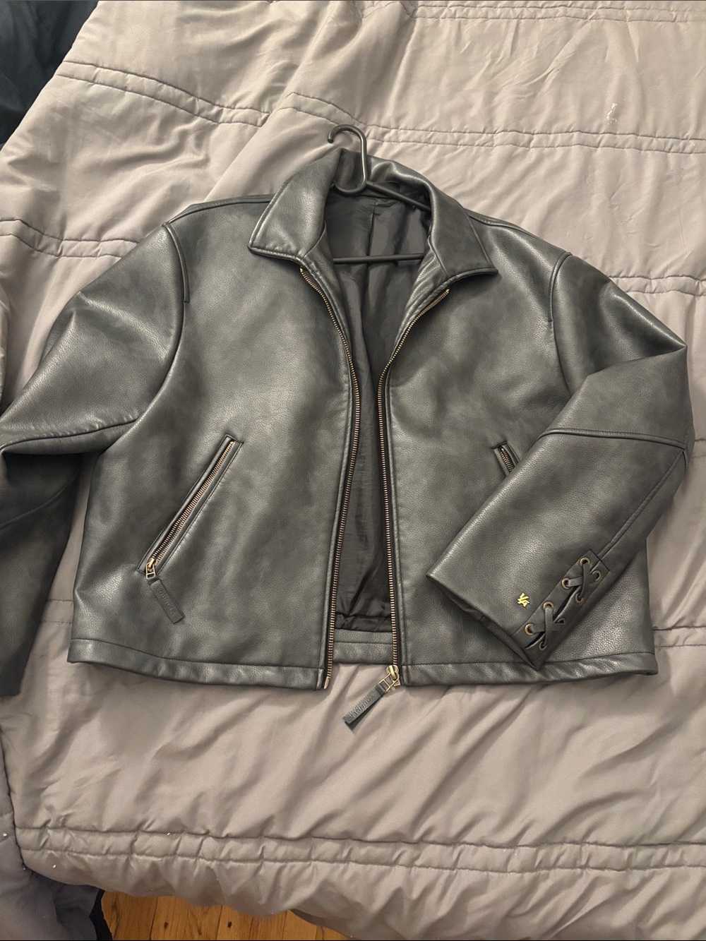 YoungLA Dark Gray Faux Leather Bomber Jacket with Lace-Up Cuff